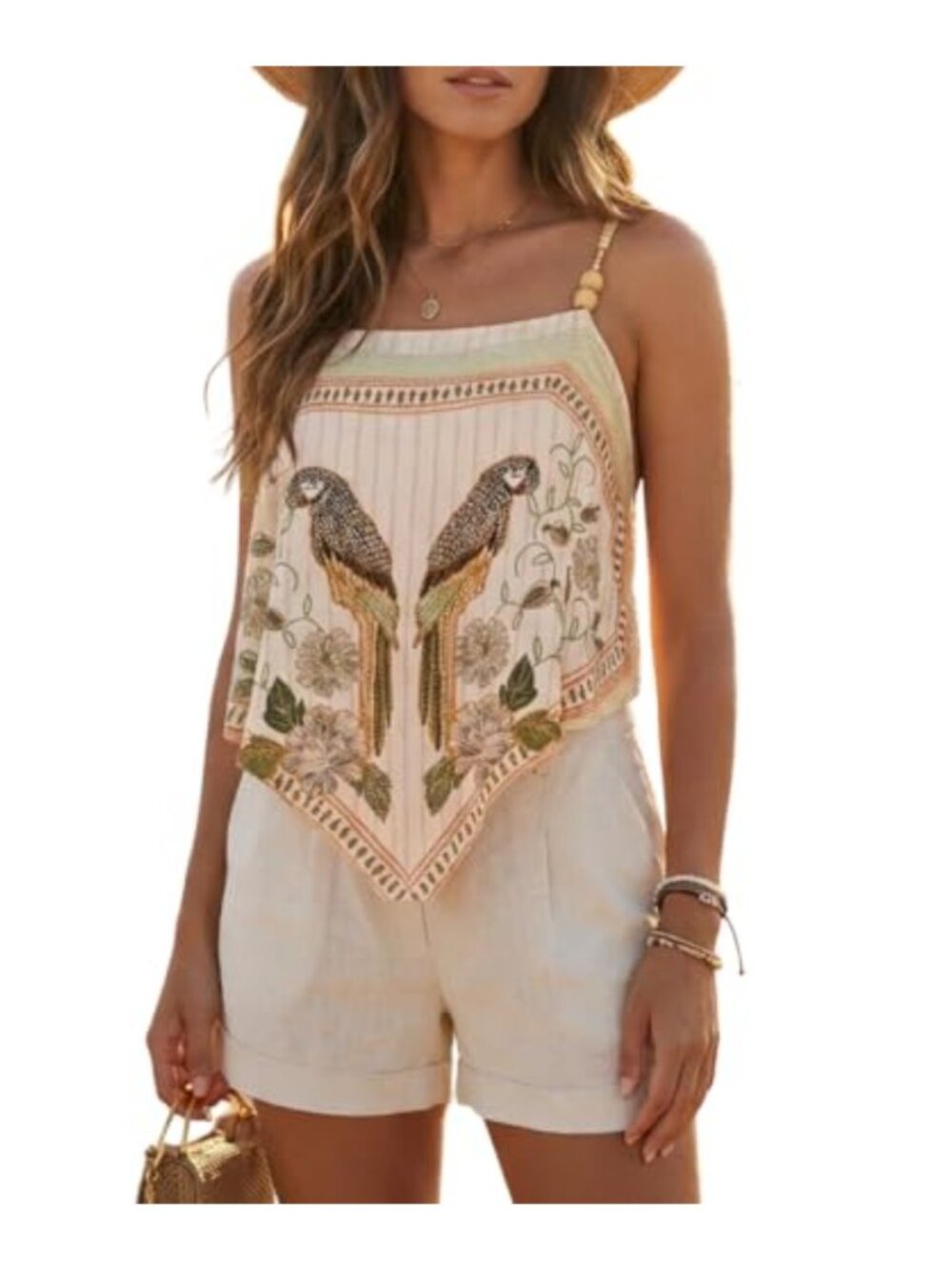 Tropical Parrot Floral Camisole with Beaded Straps Boho Summer Tank